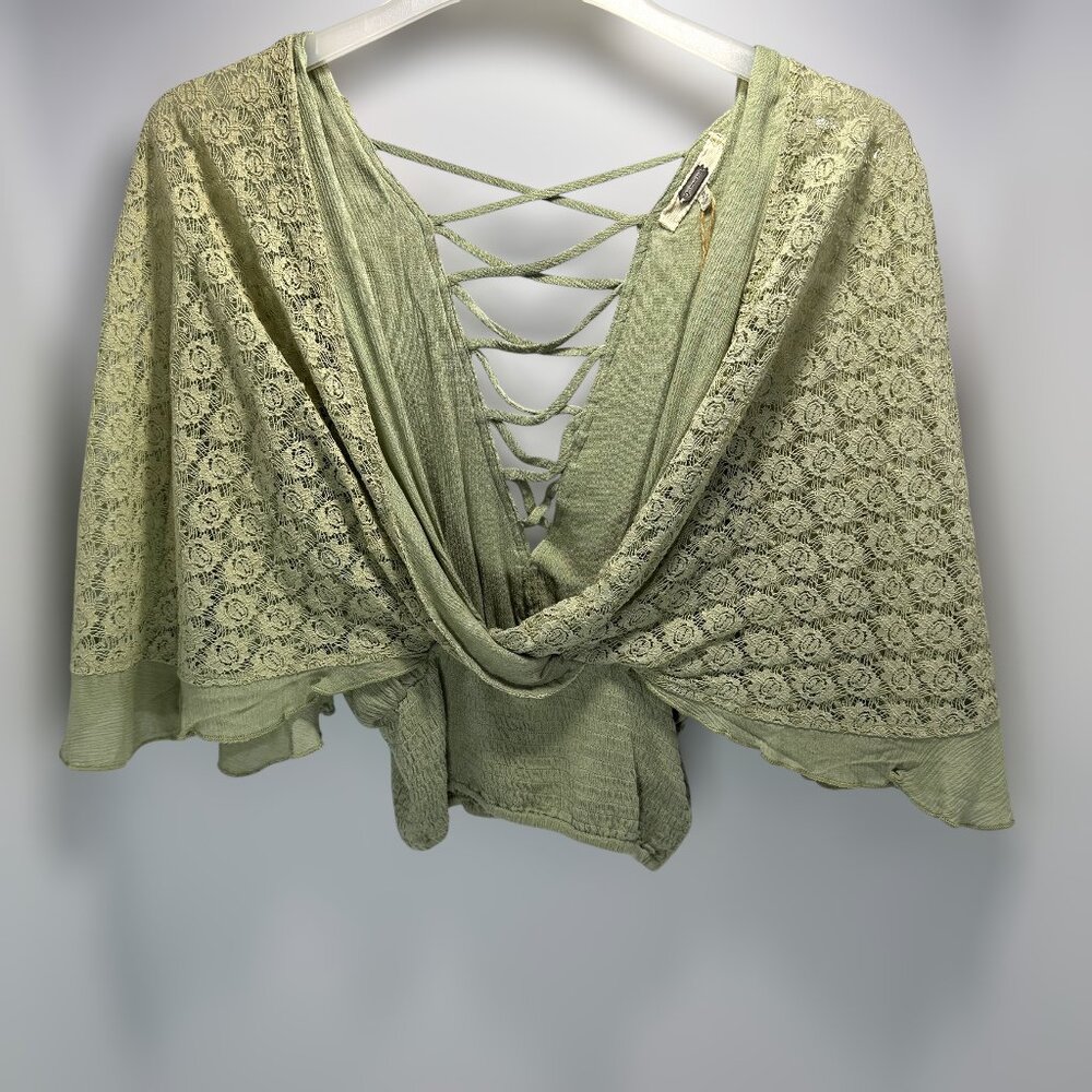 Gimmicks by BKE Sage Green Lace Draped Back Boho Top